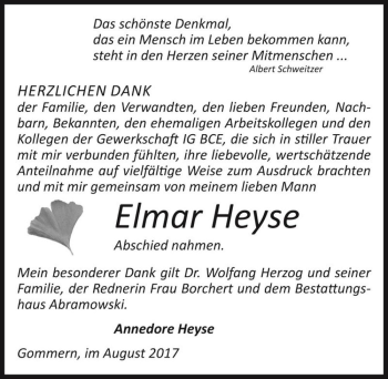 Traueranzeige von Elmar Heyse  von Magdeburger Volksstimme