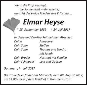 Traueranzeige von Elmar Heyse  von Magdeburger Volksstimme