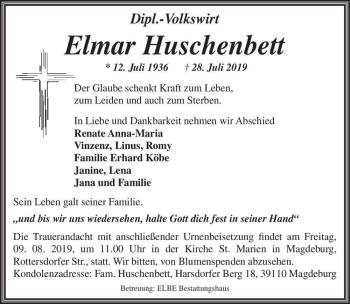 Traueranzeige von Elmar Huschenbett  von Magdeburger Volksstimme