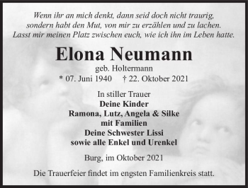 Traueranzeige von Elona Neumann (geb. Holtermann)  von Magdeburger Volksstimme