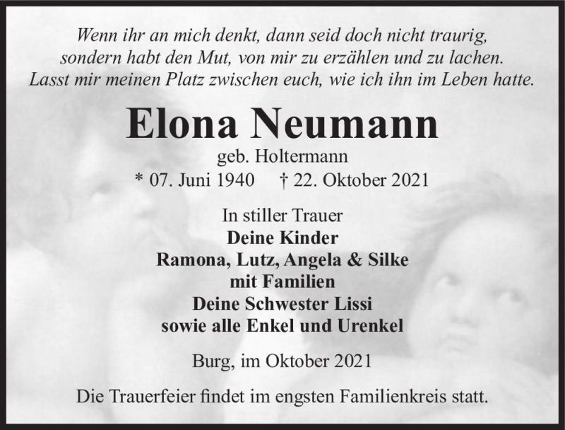  Traueranzeige für Elona Neumann (geb. Holtermann)  vom 30.10.2021 aus Magdeburger Volksstimme