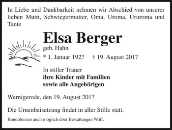 Traueranzeige von Elsa Berger (geb. Hahn)  von Magdeburger Volksstimme