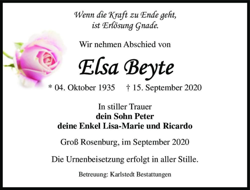  Traueranzeige für Elsa Beyte  vom 19.09.2020 aus Magdeburger Volksstimme