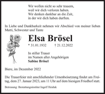 Traueranzeige von Elsa Brösel  von Magdeburger Volksstimme
