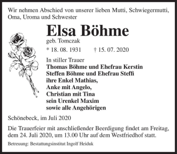 Traueranzeige von Elsa Böhme (geb. Tomczak)  von Magdeburger Volksstimme