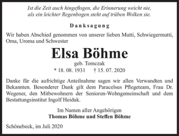Traueranzeige von Elsa Böhme (geb. Tomczak)  von Magdeburger Volksstimme