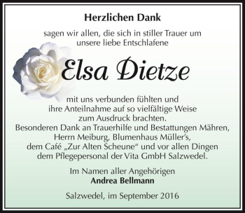 Traueranzeige von Elsa Dietze  von Magdeburger Volksstimme