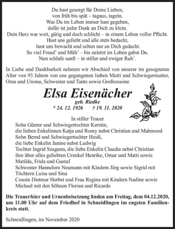 Traueranzeige von Elsa Eisenächer (geb. Riedke)  von Magdeburger Volksstimme