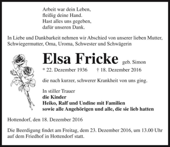Traueranzeige von Elsa Fricke (geb. Simon)  von Magdeburger Volksstimme