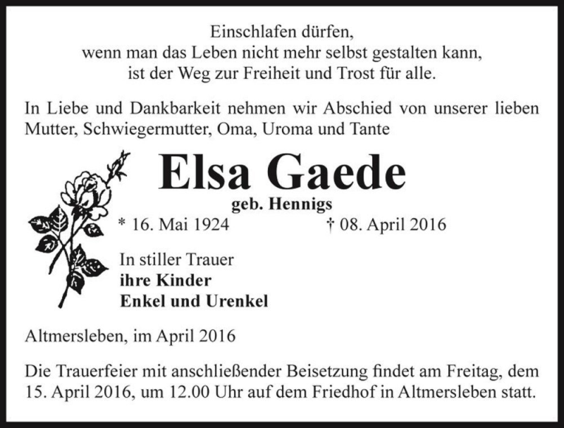  Traueranzeige für Elsa Gaede (geb. Hennigs)  vom 12.04.2016 aus Magdeburger Volksstimme