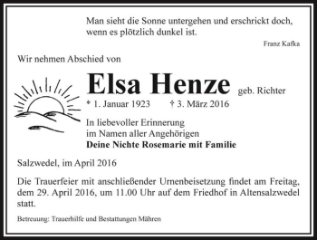 Traueranzeige von Elsa Henze (geb. Richter)  von Magdeburger Volksstimme