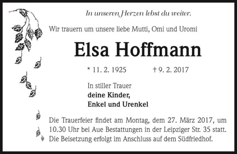  Traueranzeige für Elsa Hoffmann  vom 18.03.2017 aus Magdeburger Volksstimme