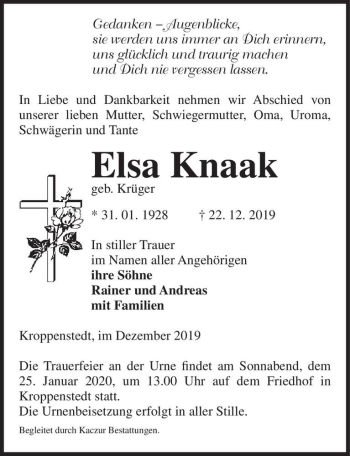 Traueranzeige von Elsa Knaak (geb. Krüger)  von Magdeburger Volksstimme