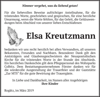 Traueranzeige von Elsa Kreutzmann  von Magdeburger Volksstimme