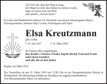 Traueranzeige von Elsa Kreutzmann (geb. Lohse)  von Magdeburger Volksstimme
