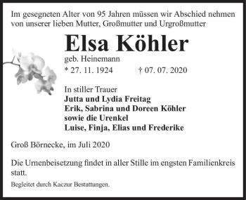 Traueranzeige von Elsa Köhler (geb. Heinemann)  von Magdeburger Volksstimme