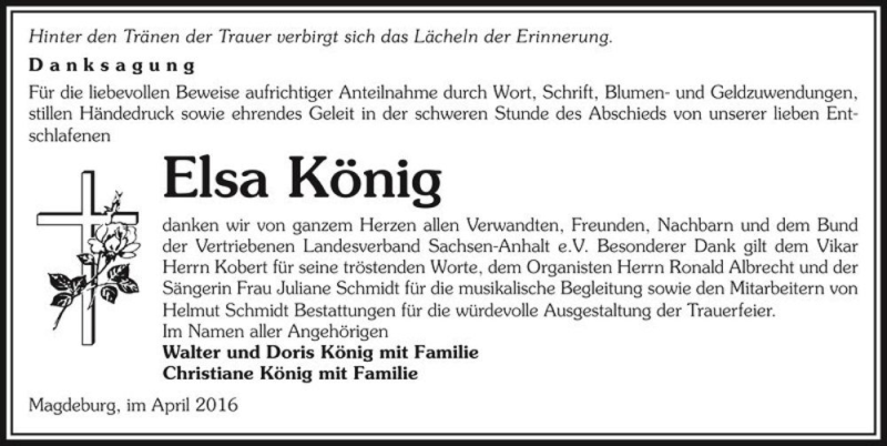  Traueranzeige für Elsa König  vom 09.04.2016 aus Magdeburger Volksstimme