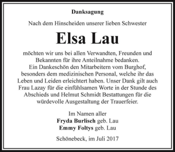 Traueranzeige von Elsa Lau  von Magdeburger Volksstimme