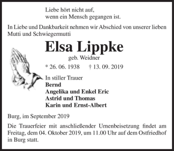 Traueranzeige von Elsa Lippke (geb. Weidner)  von Magdeburger Volksstimme
