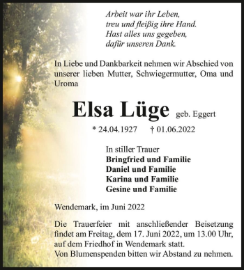 Traueranzeige von Elsa Lüge (geb. Eggert)  von Magdeburger Volksstimme