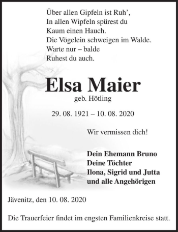 Traueranzeige von Elsa Maier (geb. Hötling)  von Magdeburger Volksstimme