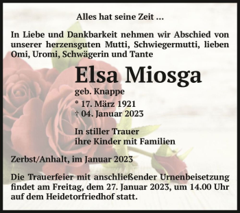 Traueranzeige von Elsa Miosga (geb. Knappe)  von Magdeburger Volksstimme
