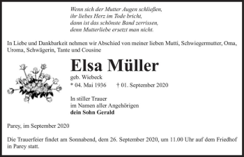 Traueranzeige von Elsa Müller (geb. Wiebeck)  von Magdeburger Volksstimme