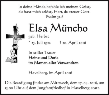 Traueranzeige von Elsa Müncho (geb. Herbst)  von Magdeburger Volksstimme