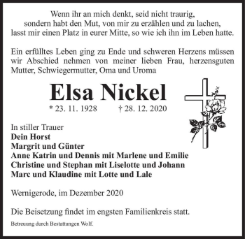 Traueranzeige von Elsa Nickel  von Magdeburger Volksstimme