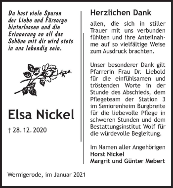 Traueranzeige von Elsa Nickel  von Magdeburger Volksstimme
