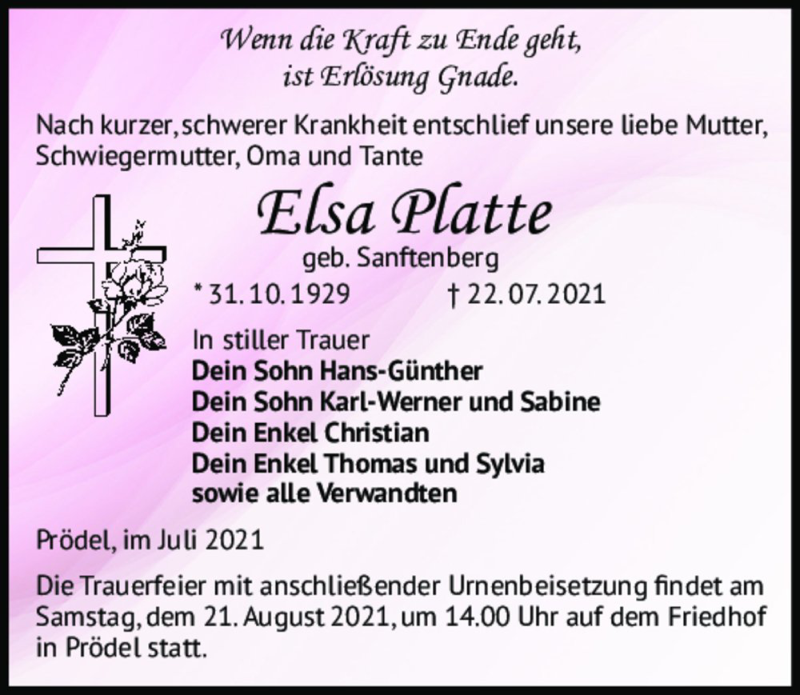  Traueranzeige für Elsa Platte (geb. Sanftenberg)  vom 31.07.2021 aus Magdeburger Volksstimme