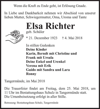 Traueranzeige von Elsa Richter (geb. Schüler)  von Magdeburger Volksstimme
