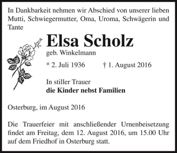 Traueranzeige von Elsa Scholz (geb. Winkelmann)  von Magdeburger Volksstimme
