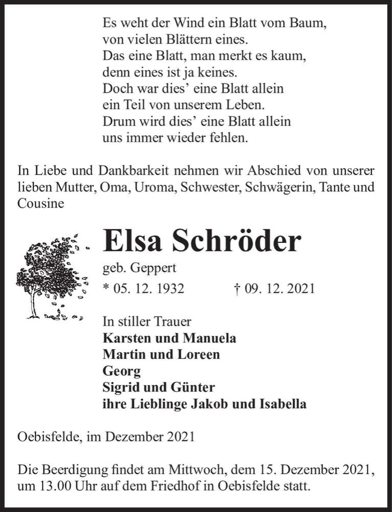  Traueranzeige für Elsa Schröder (geb. Geppert)  vom 11.12.2021 aus Magdeburger Volksstimme