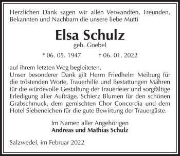 Traueranzeige von Elsa Schulz (geb. Goebel)  von Magdeburger Volksstimme