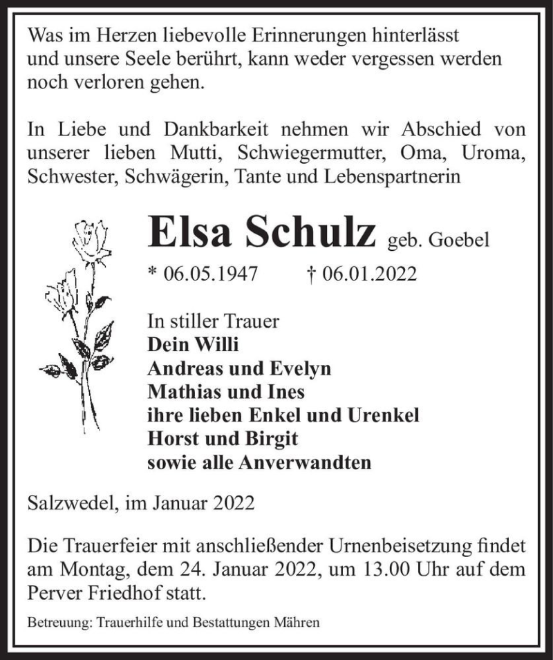  Traueranzeige für Elsa Schulz (geb. Goebel)  vom 11.01.2022 aus Magdeburger Volksstimme