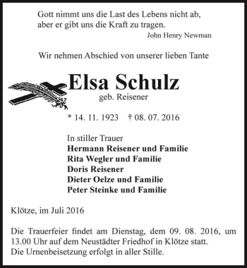 Traueranzeige von Elsa Schulz (geb. Reisener)  von Magdeburger Volksstimme