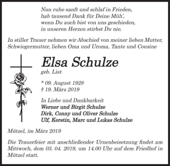 Traueranzeige von Elsa Schulze  (geb. List)  von Magdeburger Volksstimme