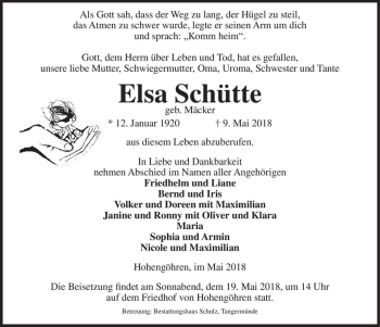 Traueranzeige von Elsa Schütte (geb. Mäcker)  von Magdeburger Volksstimme
