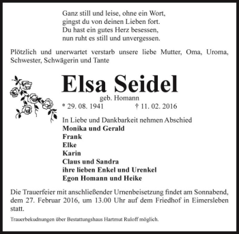 Traueranzeige von Elsa Seidel (geb. Homann)  von Magdeburger Volksstimme
