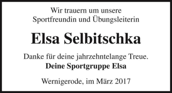 Traueranzeige von Elsa Selbitschka  von Magdeburger Volksstimme
