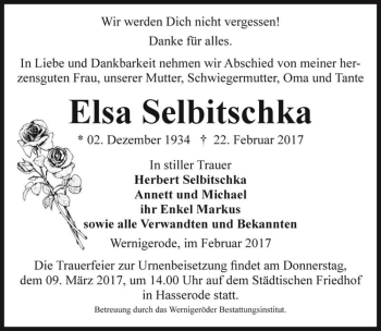 Traueranzeige von Elsa Selbitschka  von Magdeburger Volksstimme