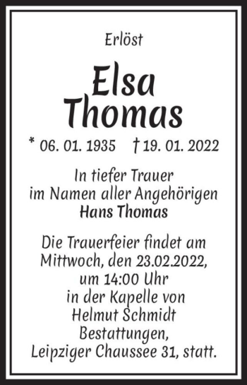 Traueranzeige von Elsa Thomas  von Magdeburger Volksstimme