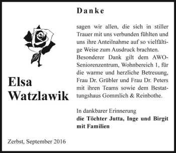 Traueranzeige von Elsa Watzlawik  von Magdeburger Volksstimme