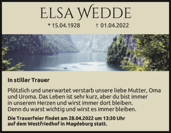 Traueranzeige von Elsa Wedde  von Magdeburger Volksstimme