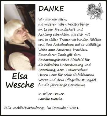 Traueranzeige von Elsa Wesche  von Magdeburger Volksstimme
