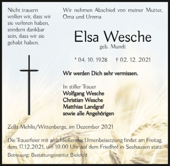 Traueranzeige von Elsa Wesche (geb. Mundt)  von Magdeburger Volksstimme