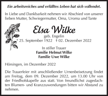 Traueranzeige von Elsa Wilke (geb. Engelin)  von Magdeburger Volksstimme