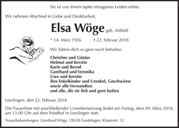 Traueranzeige von Elsa Wöge (geb. Ahlfeld)  von Magdeburger Volksstimme