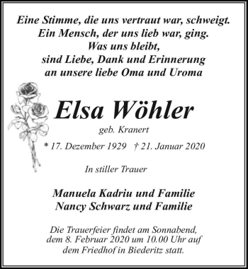 Traueranzeige von Elsa Wöhler (geb. Kranert)  von Magdeburger Volksstimme